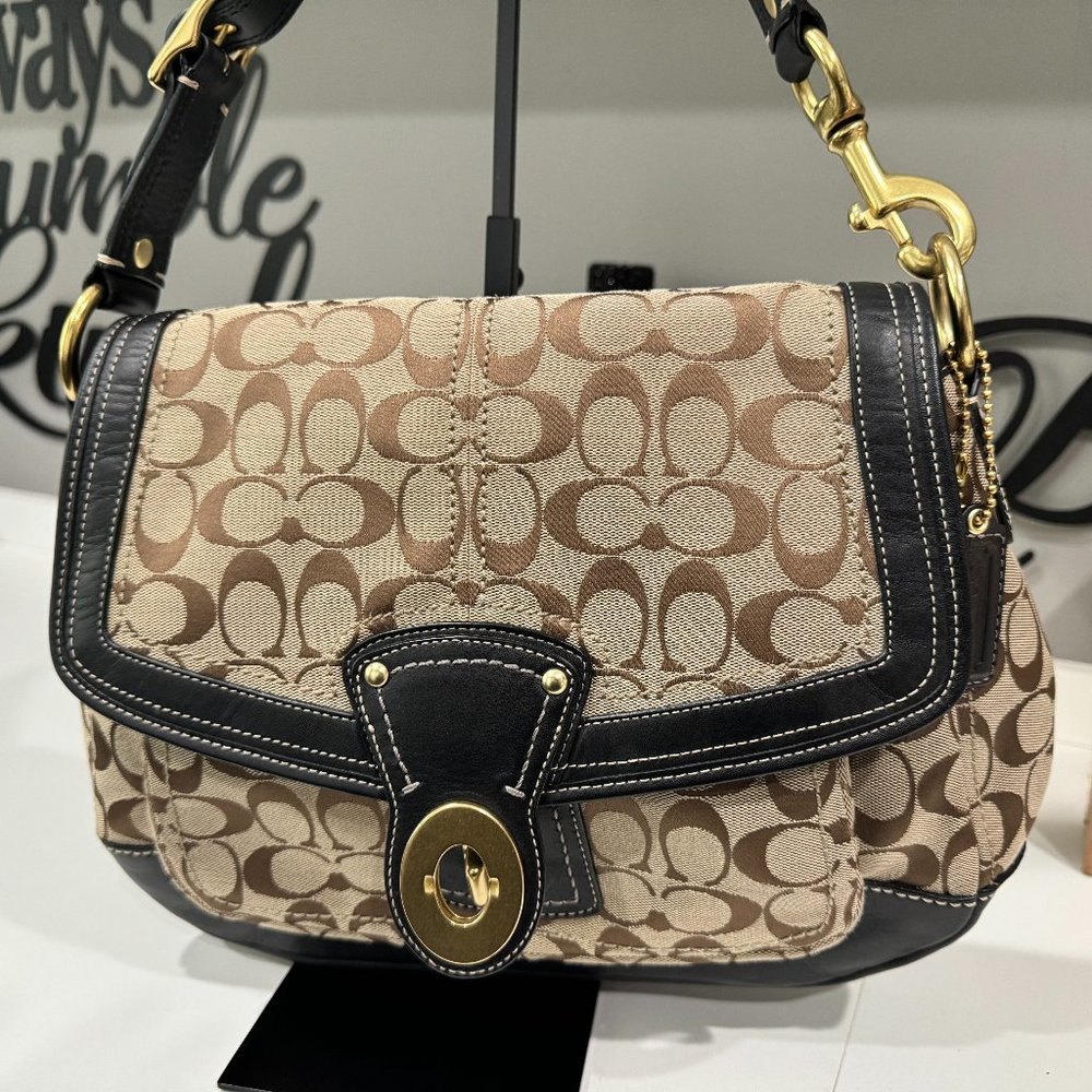 COACH Ali Legacy Brown/Black Leather/Jacquard Signature C Shoulder Bag F12857 🖤🤎